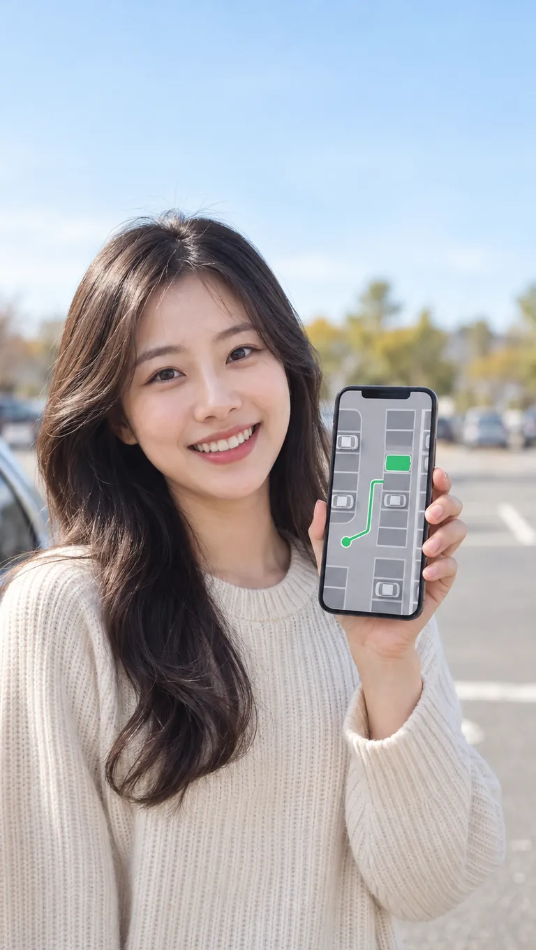 주차장에서 개발자가 휴대폰 주차 앱의 빈자리 지도를 보여 주는 AI 생성 릴스 예시