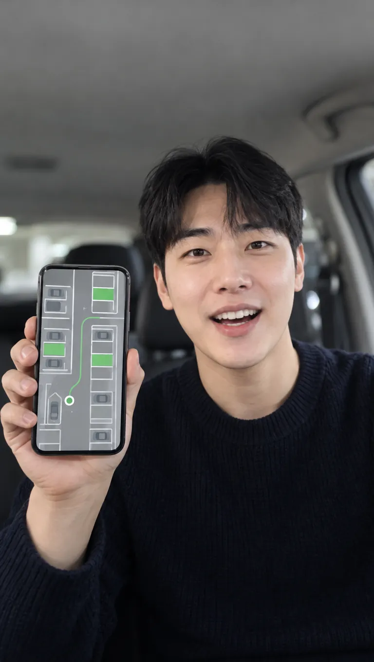 운전석의 개발자가 휴대폰에 띄운 주차 앱 화면을 카메라에 보여 주며 소개하는 AI 생성 쇼츠 예시