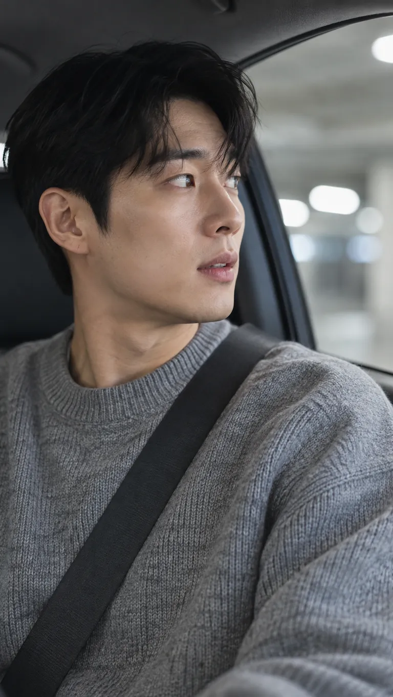 실내 주차장에서 운전자가 창밖을 살피며 빈자리를 찾는 순간을 보여 주는 실사형 숏폼 첫 장면 예시